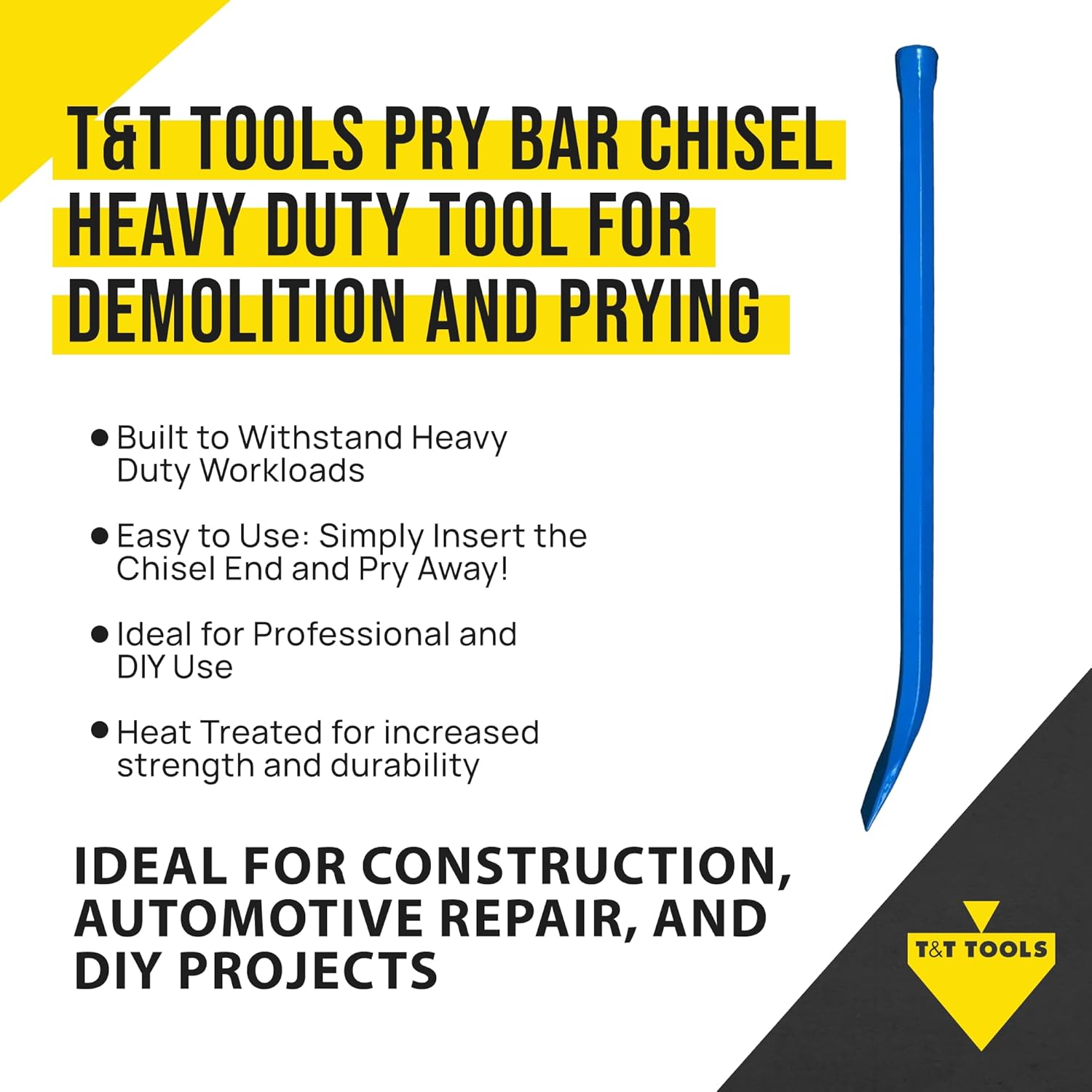 T&T Tools Pry Bar - 5/8-Inch Hex Alloy Steel, Heavy Duty Crowbar, Blue, 15-Inch