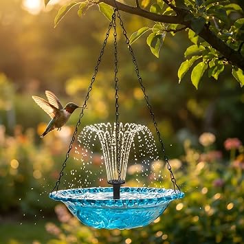 Solar Hanging Bird Bath Fountain EOHMAK Solar Powered Water Fountains Hanging Bird Bath Water Pump Fountain with 8 Spray Heads for Garden Yard Patio Decor, Blue