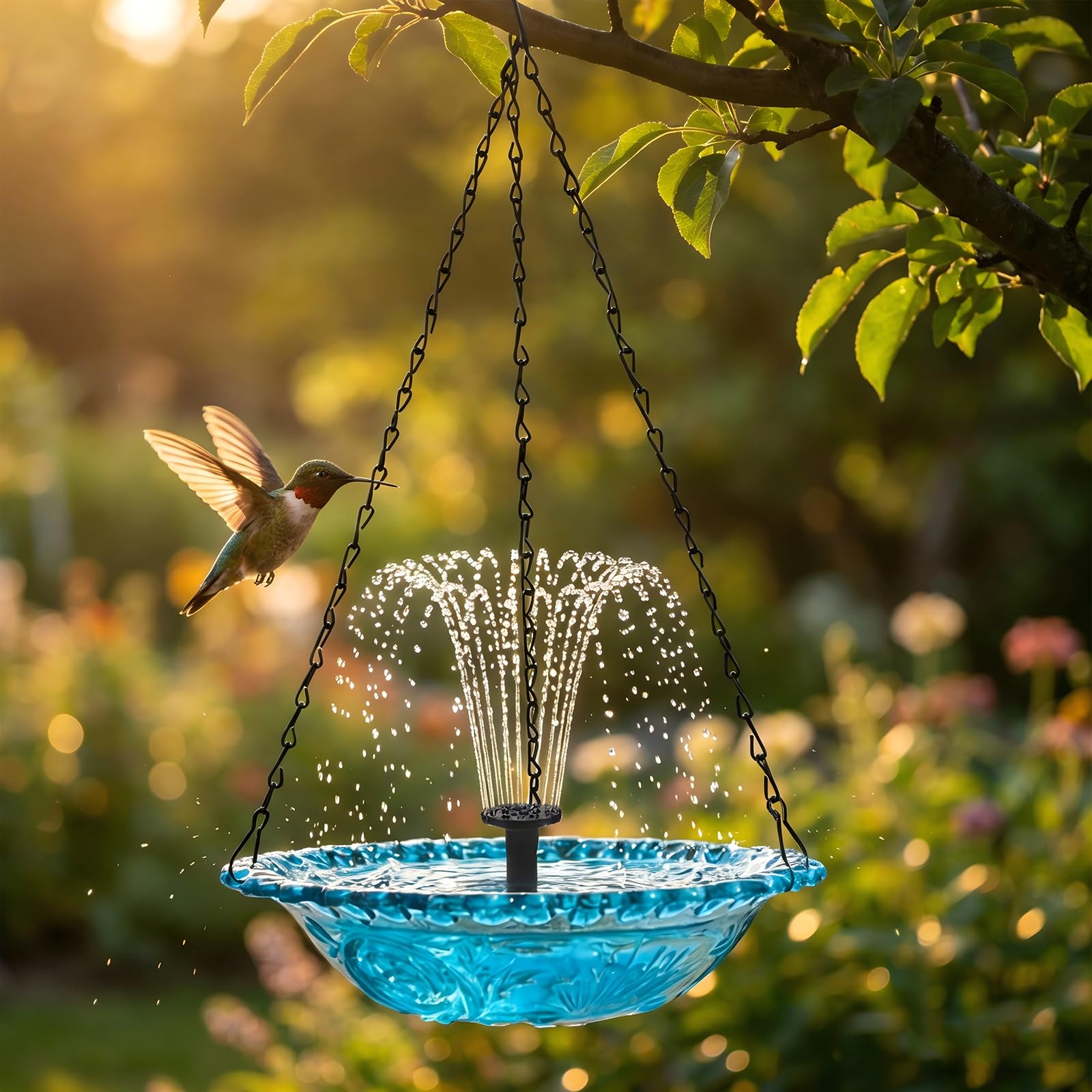 Fontaine solaire à suspendre avec 8 jets réglables pour animer votre extérieur