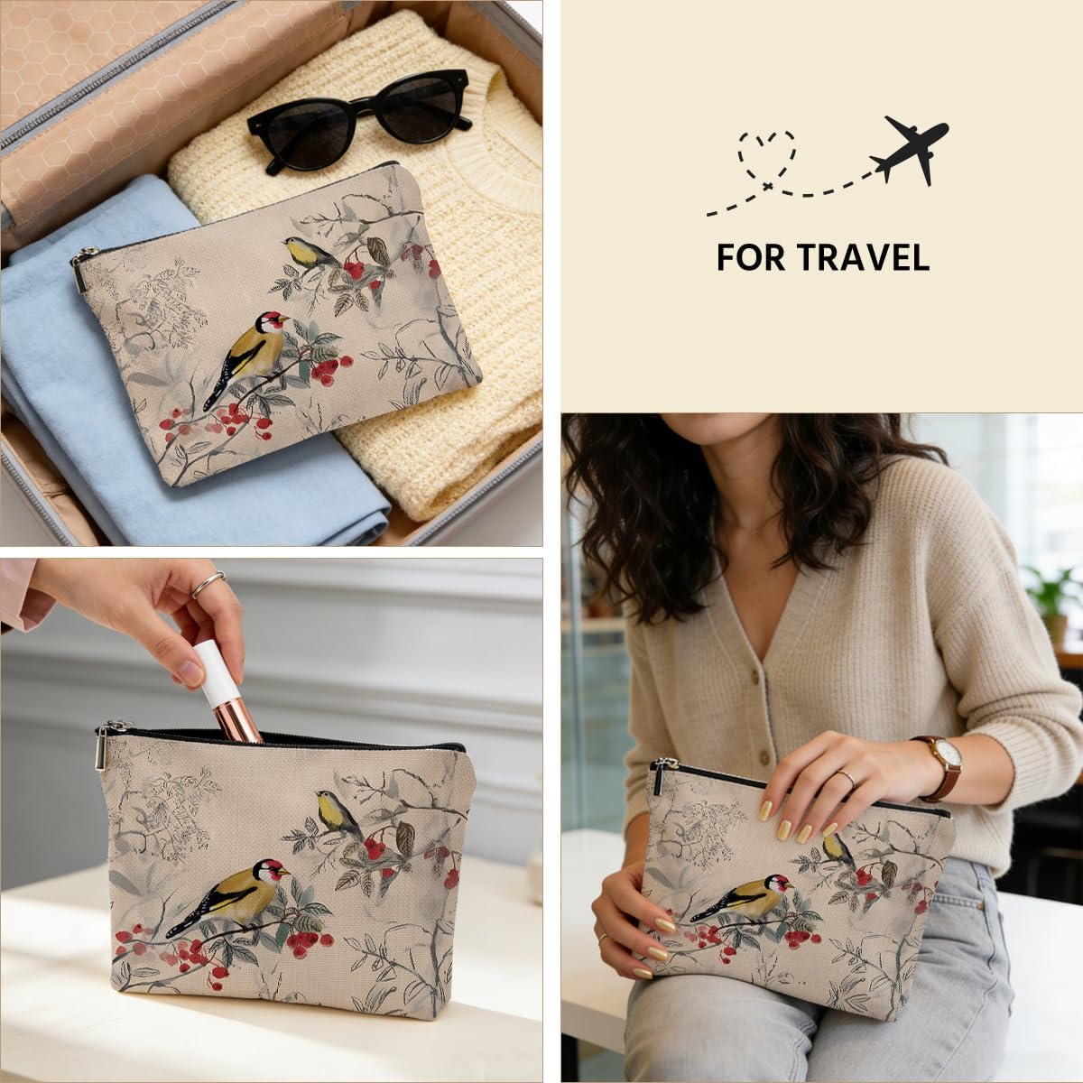 Vintage Chinoiserie Bird Gift Makeup Bag, Birds Cosmetic Bags Makeup Pouch image 5