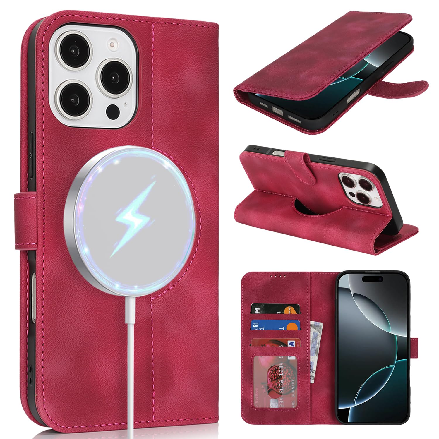 SunYoo for iPhone 16 Pro Case Wallet with Card Holder,Compatible with Magsafe,Wallet Case for Men Women,PU Leather Magnetic Stand Flip Cover-Rose red