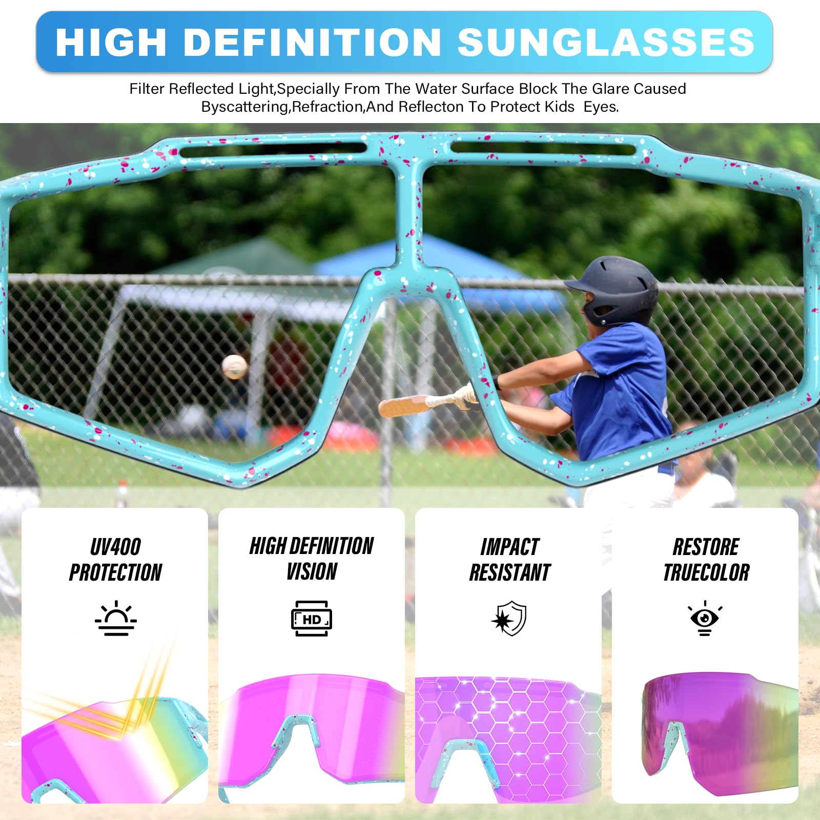 Gafas de sol para niños, gafas de béisbol para niños y niñas de 6 a 14 años, gafas deportivas con protección UV