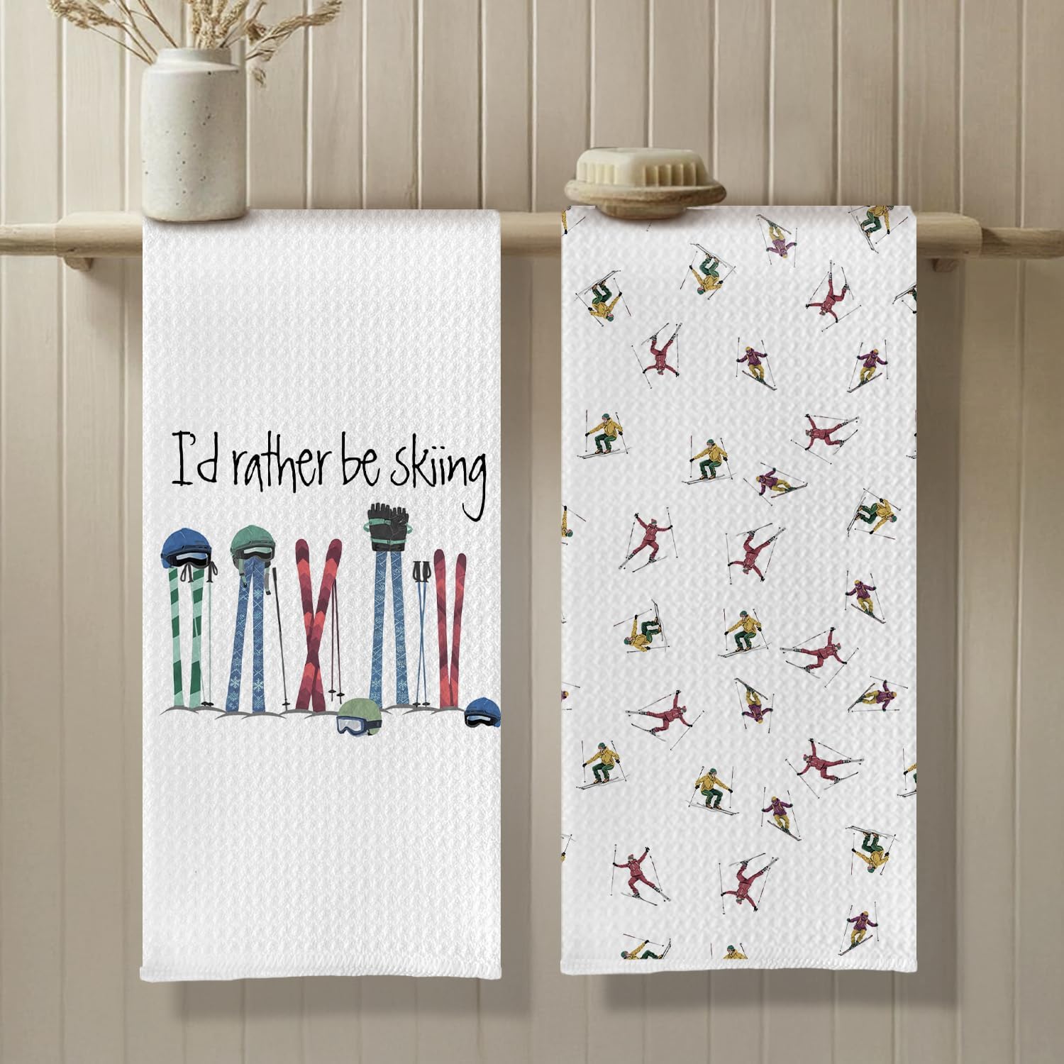 Winter Skiing Kitchen Towels, Ski Lover Gifts Dish Tea Towels, Gifts for Skiers Men Women Decorative Hand Towel for Kitchen Bathroom, Ski Lodge Decor, 16x24 Inch Set of 2 - Image 4