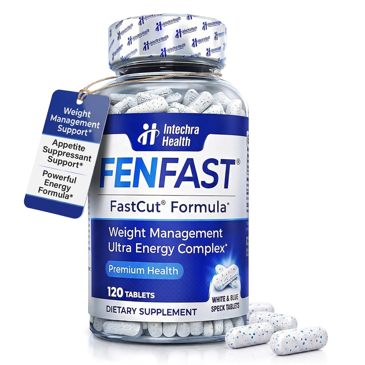FASTCUT diet pills bottle in white and blue speck tablets