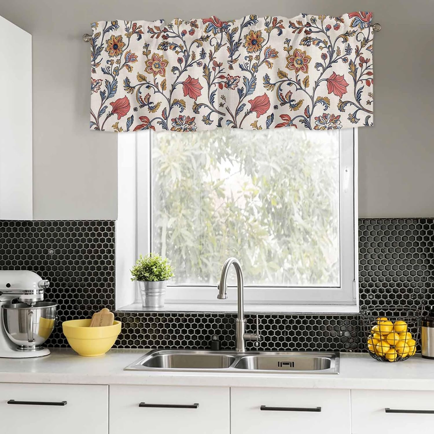 Summer Flower Kitchen Valances for Windows,Light Filtering Short Curtains Pastoral Wild Flowers Rod Pocket Window Treatment for Bathroom Basement Living Room Vintage Farmhouse Floral