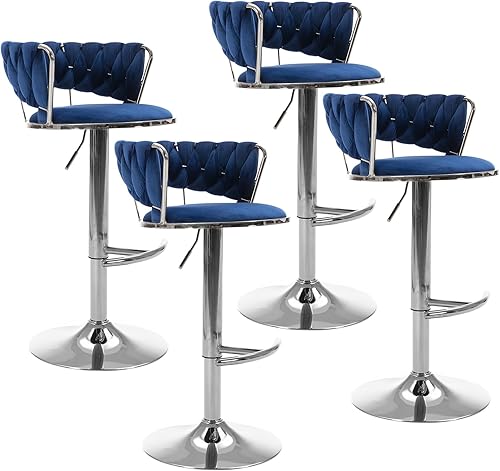 Miniatura 23 de Juego de 2 taburetes de bar giratorios de terciopelo, modernos taburetes de bar ajustables con respaldo tejido, taburete de bar de altura de Negro