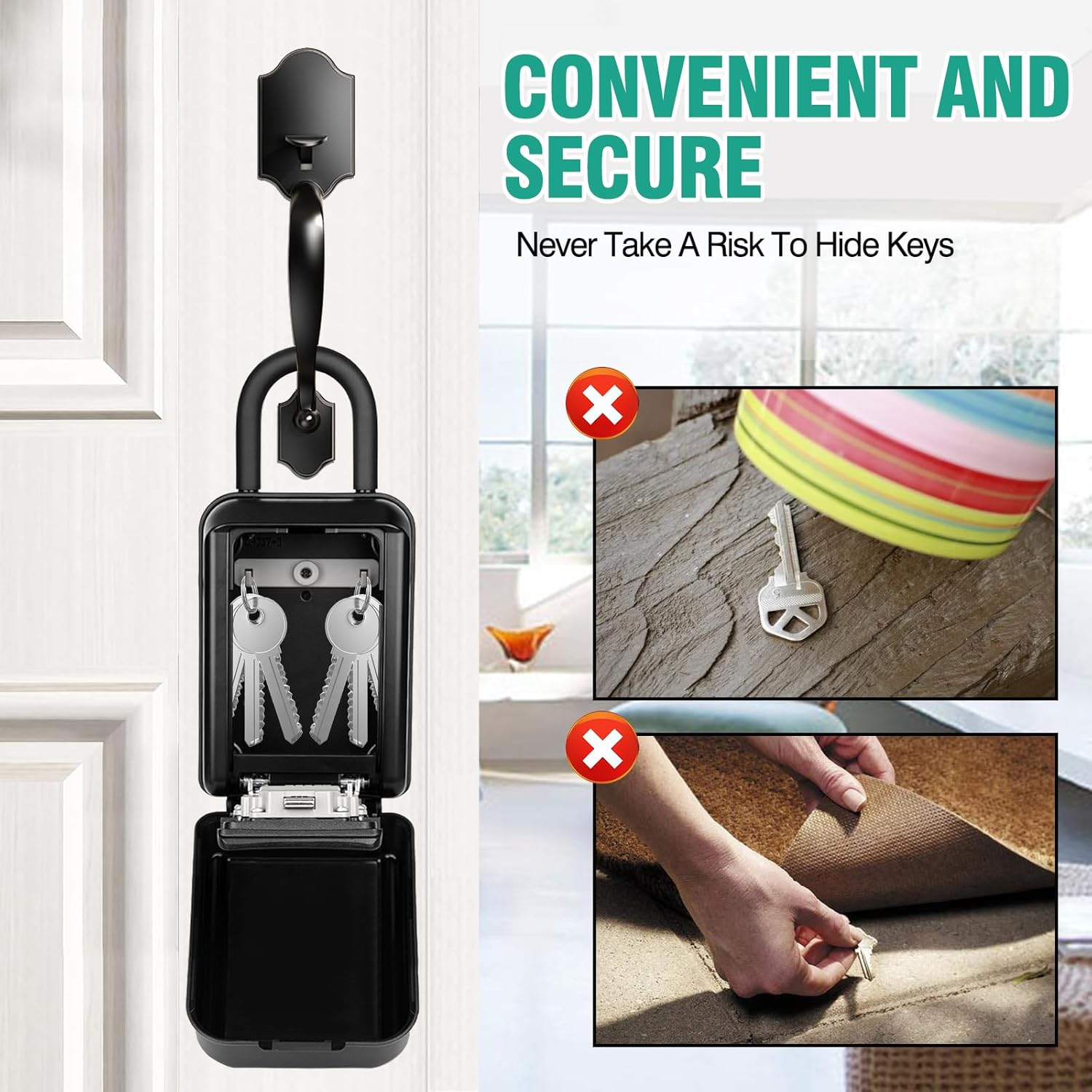 HUANLANG Key Lockbox for Outside,Spare Key Lock Box for Door Handle Waterproof 4 Digit Combination Resettable Code,Upgraded Large Capacity Heavy Duty Lockbox for House Keys, Car Keys, ID Cards