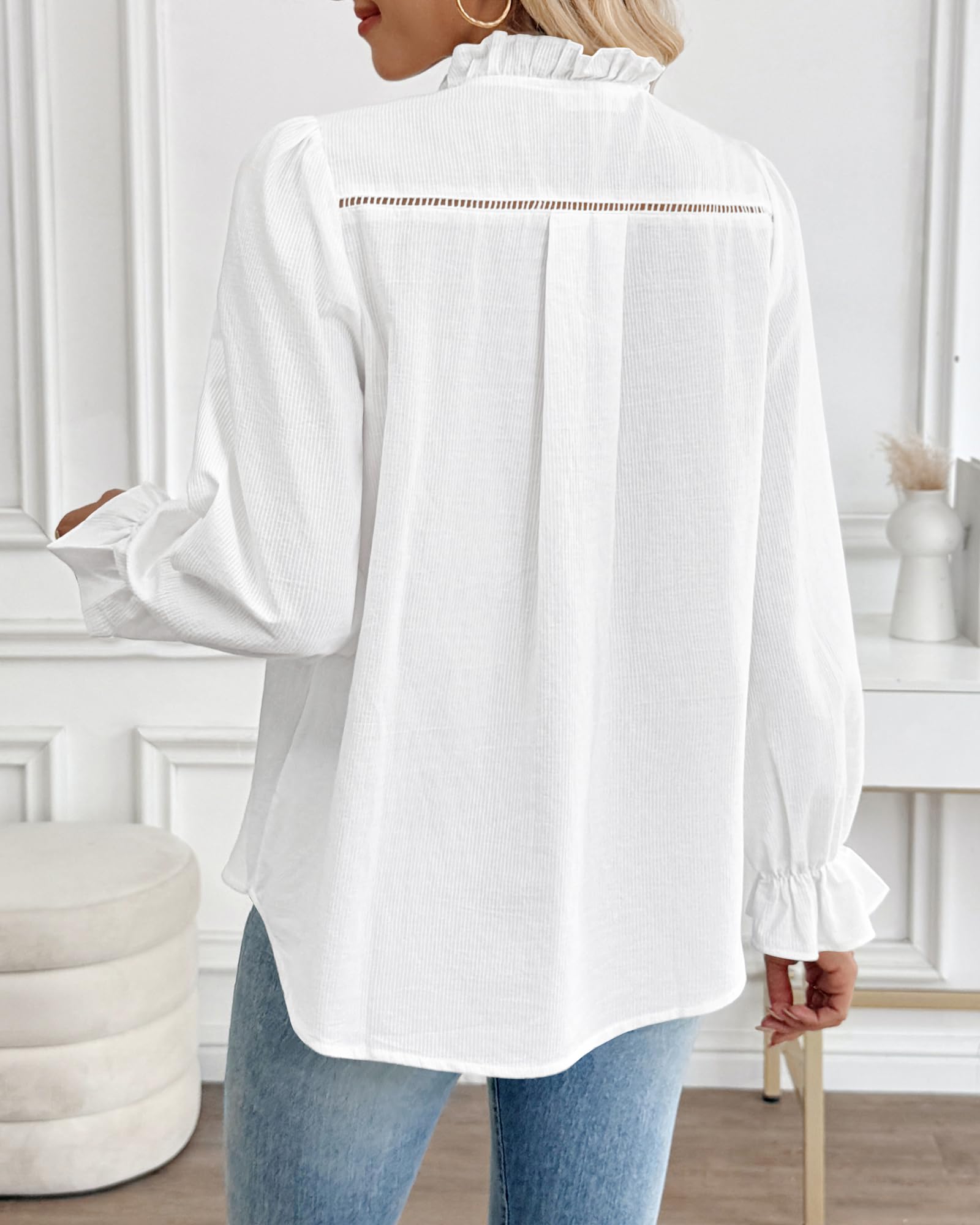Bsubseach Chemisier de travail à manches longues bouffantes en coton texturé avec col à volants pour femme