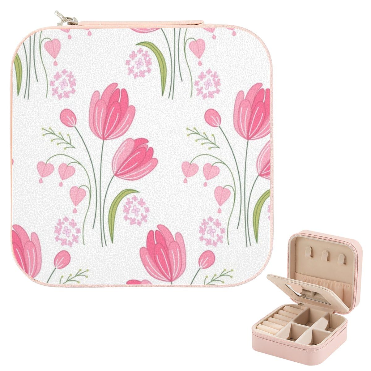 Travel Jewelry Box Cute Red Tulips Leaves White Leather Pink Jewelry Box Mirror Accesorios Para Mujer Personalized Initials
