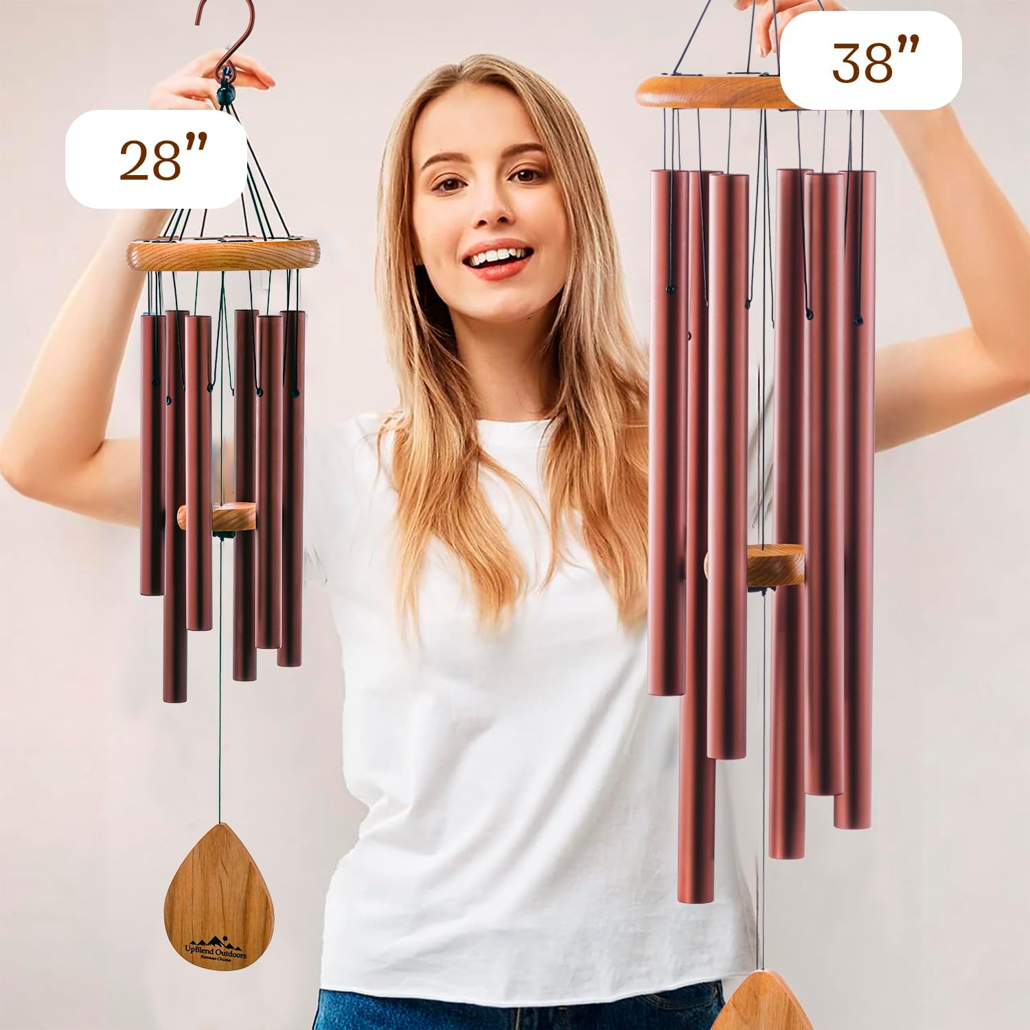 UpBlend XL Wind Chimes for Outside Gift – Deep Tone Wind Chime with Decorative Stone – Porch & Patio Decor, Elegant Outdoor Ornament, Garden Gifts. 38” Brown.