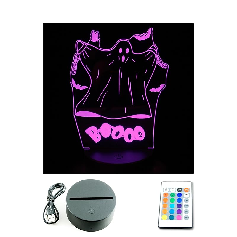 Halloween Scary Ghost and Bats LED Neon Night Light. Remote Control. 16 Creepy Colours