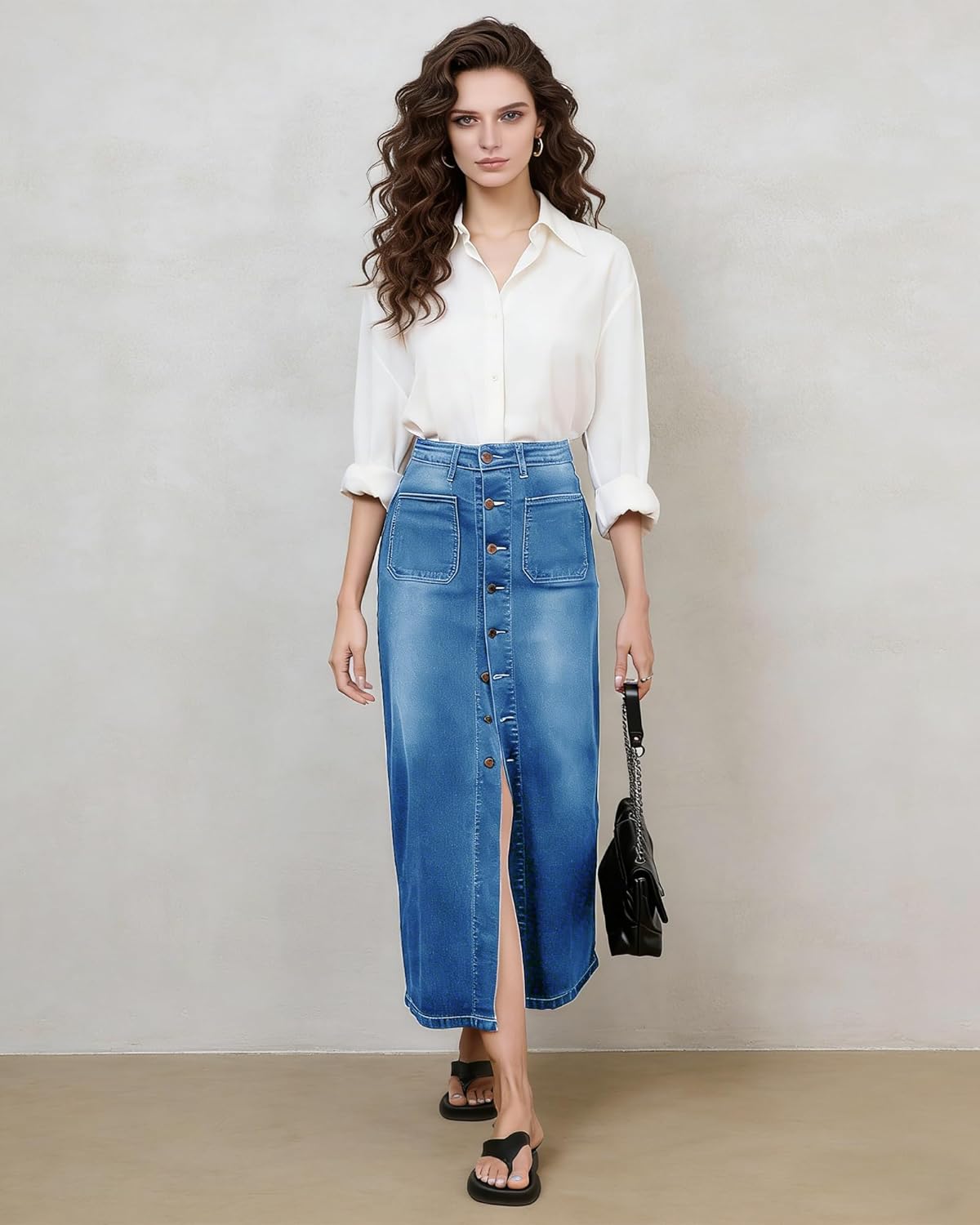 Women's High Waist Stretch Maxi Denim Skirt Front Split Frayed Raw Hem A line Casual Long Jean Skirt