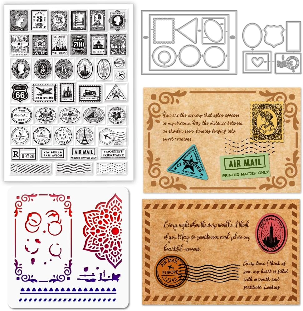 GLOBLELAND Postcard Border Clear Stamp Frame Cutting Die PET Paint Craft Template Stencils Set for Card Making and DIY Embossing Scrapbooking Craft Decor