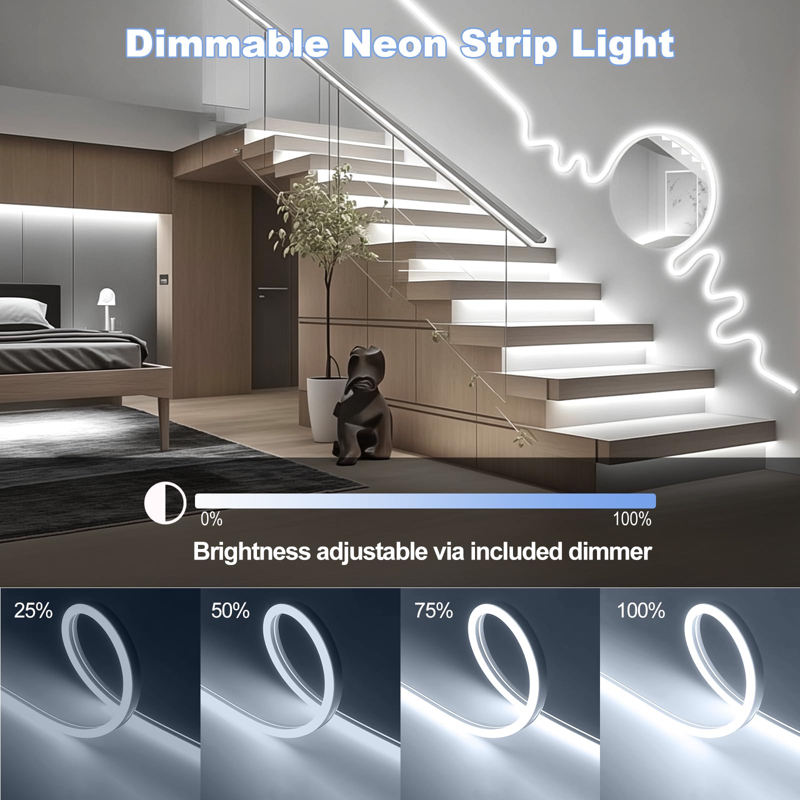 LED Neon Streifen 10M Dimmbar 1200 LEDs Kaltweiß 6500K, 24V Neon Lichtband Silikon IP65 Wasserdicht Flexibel Zuschneidbar LED Strip Lichtschlauch für Schlafzimmer Garten Beleuchtung