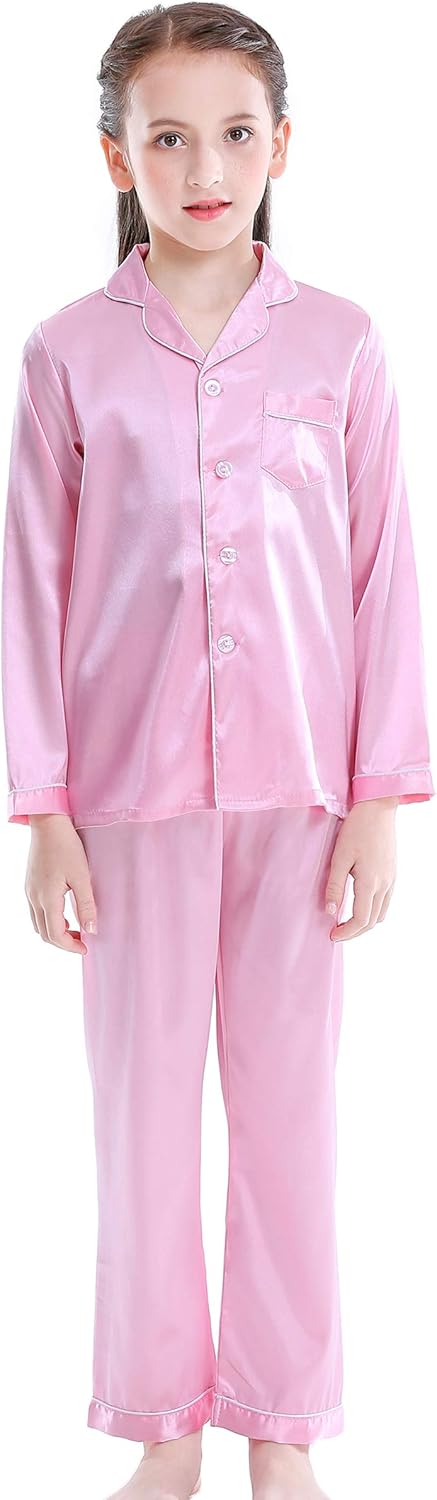 Girls Boys Satin Long Sleeve Button-Down Pajamas Set Sleepwear Loungewear - Image 3