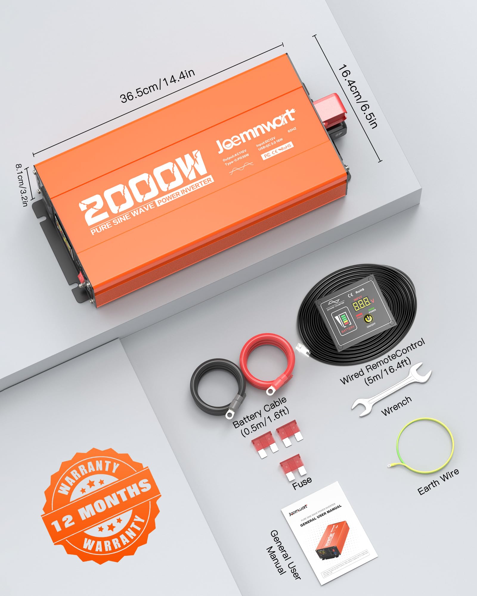 Przetwornica mocy 2000 W Pure Sine Wave Converter 12V DC na 110V AC dla samochodów ciężarowych bez sieci RV z 2 portami USB szybkiego ładowania, podwójnymi gniazdami AC, wyświetlaczem LCD