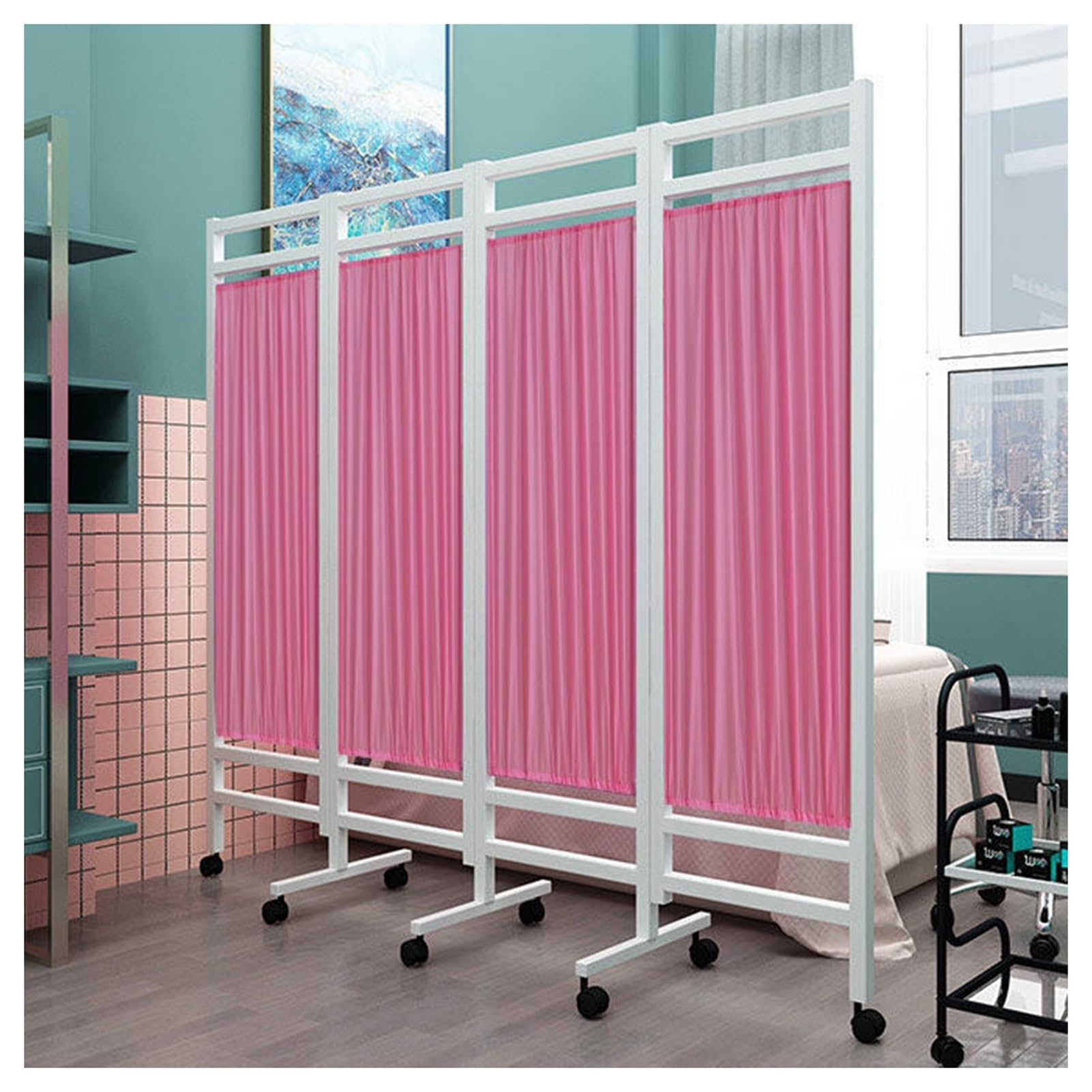 Séparateur de pièce pliable à 6 panneaux cloison amovible rose de 1,8m sur roulettes