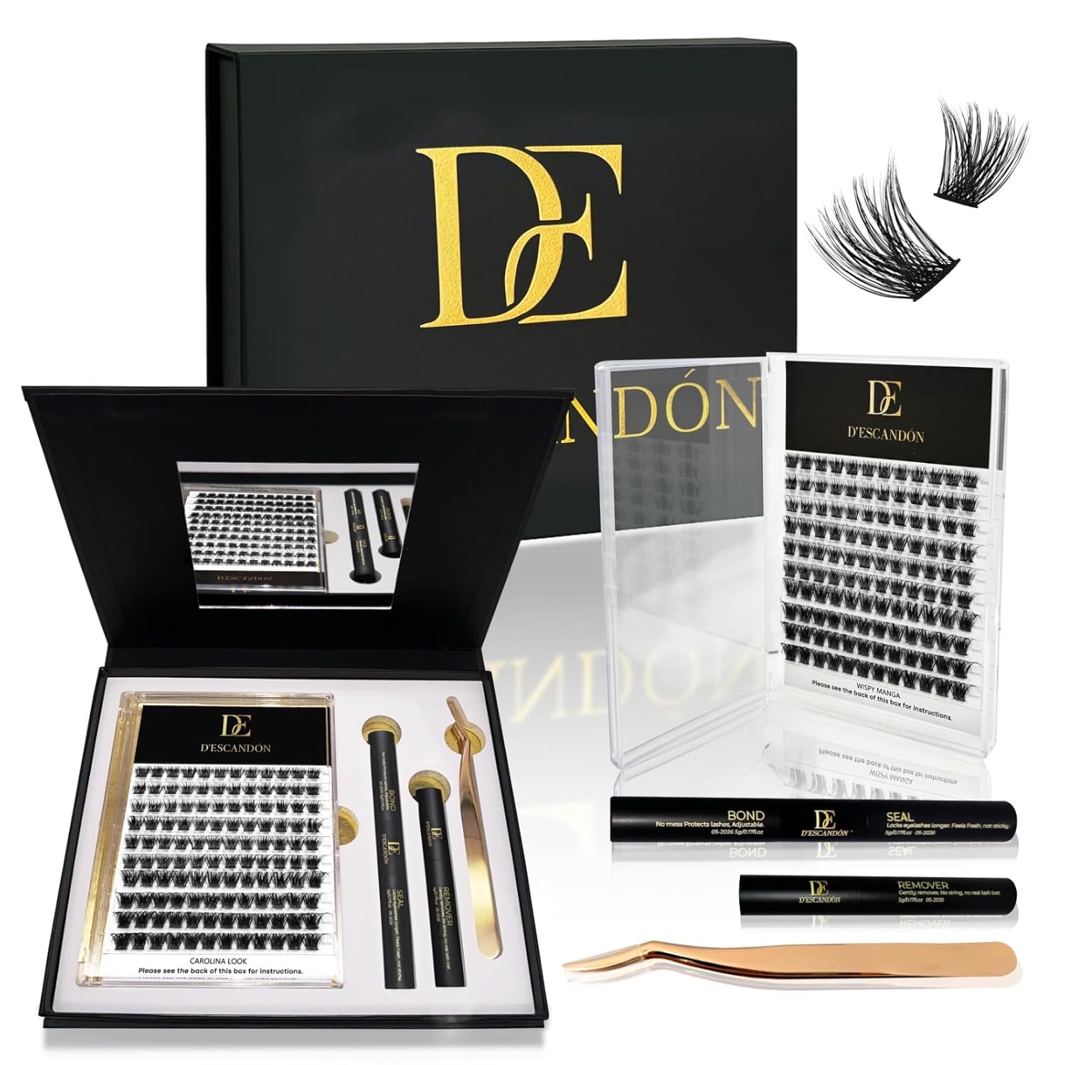 Cluster Lash Kit D’Escandón – Reusable Eyelashes Extension with Magnetic Tray, Applicator, Bond & Seal, Remover and Mirror