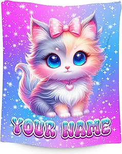 Girls Blanket Gifts - Customize Blanket with Cat for Cat Lovers - Comfy Cozy Flannel Throws for Couch, Office 4 Sizes