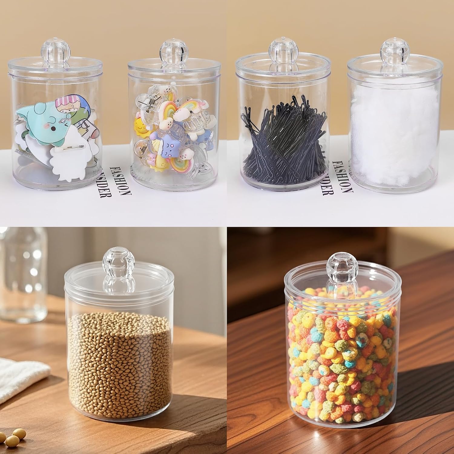 Q Tip Holder for Bathroom, 2-Pack Clear Plastic Apothecary Jars with Lids Set - Cotton Round Holder & Qtip Dispenser for Vanity Organizers and Storage Canisters image 5
