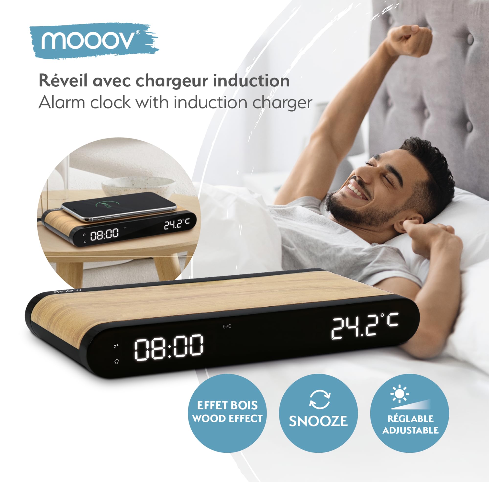 MOOOV 477349 Budzik ładowarka indukcyjna 15 W i port USB-C - wbudowana temperatura - efekt drewna