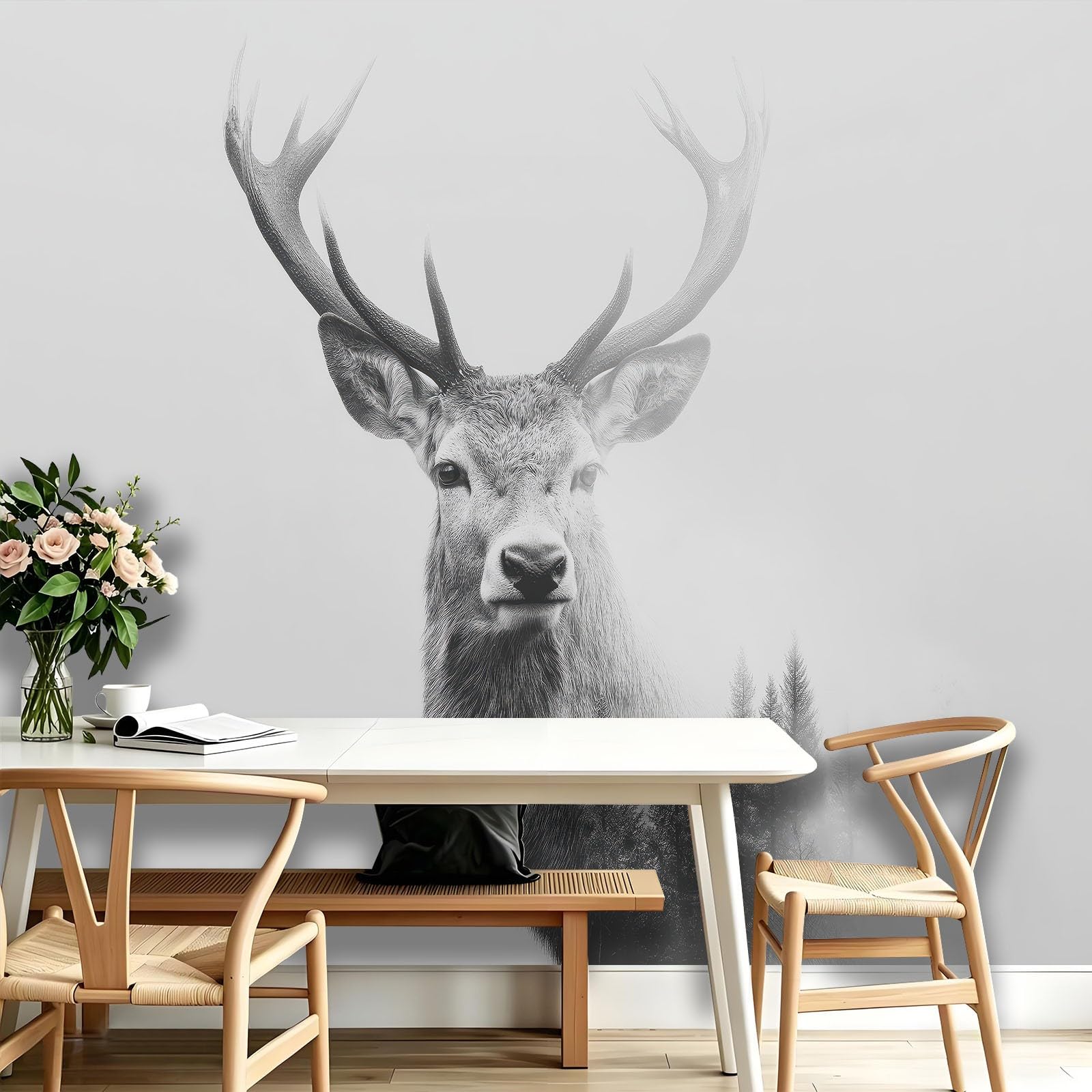 Générique Ręcznie rysowana tapeta z włókniny leśnej 200 x 140 cm, tapeta z dzikimi zwierzętami panoramiczny jeleń, łatwa do zainstalowania dekoracja ścienna do salonu, sypialni, kuchni
