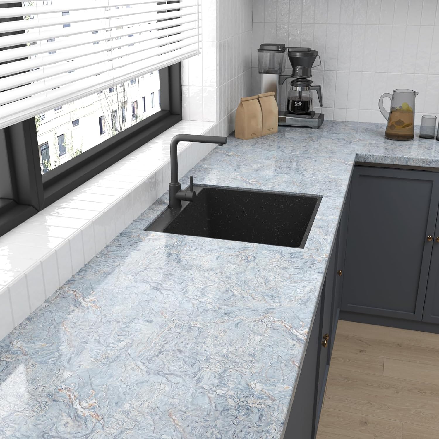 VaryPaper 32''x118'' Beige Blue Marble Countertop Contact Paper Marble Wallpaper Peel and Stick Countertops Waterproof Marble Vinyl Wrap for Table Removable Self Adhesive Marble Wall Paper for Kitchen