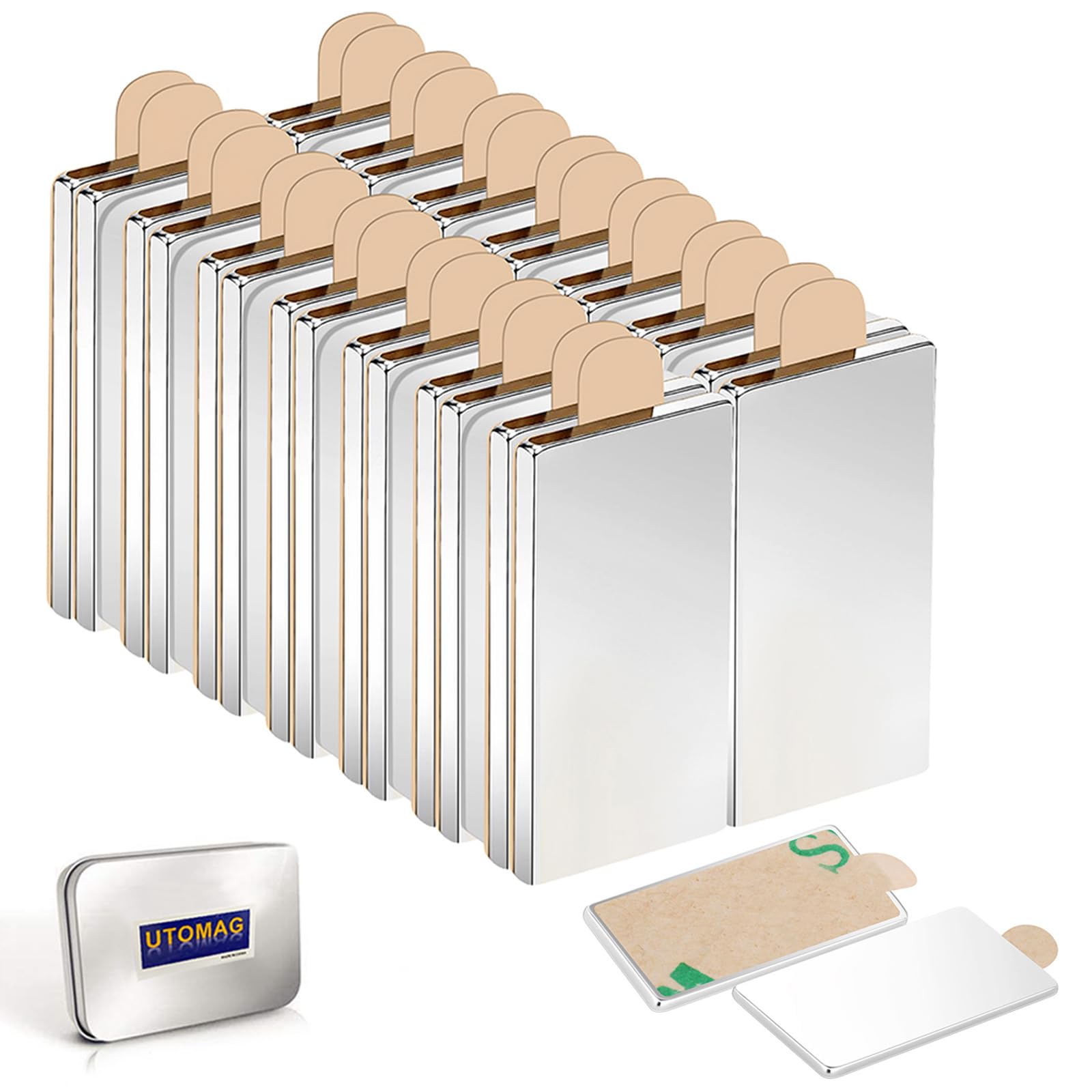 UTOMAG 30 Pcs Rectangular Neodymium Magnets with Adhesive Backing 20x10x1mm