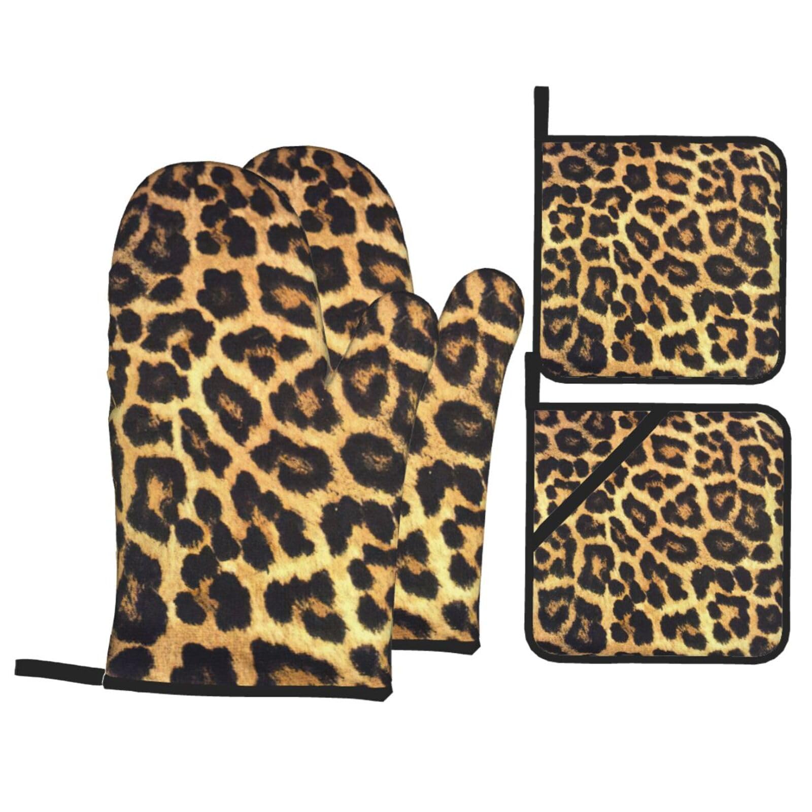 Nimongt Black Leopard Print Print Heat-Resistant 4-Piece Oven Kitchen Gloves For Baking Cooking Microwaving Essentials