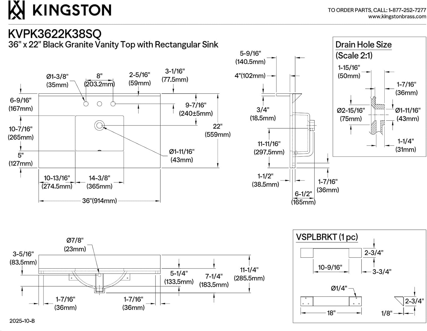 Kingston Brass KVPK3622K38SQ Templeton 36-Inch Black Granite Vanity Top (8" Faucet Drillings) in Black/White
