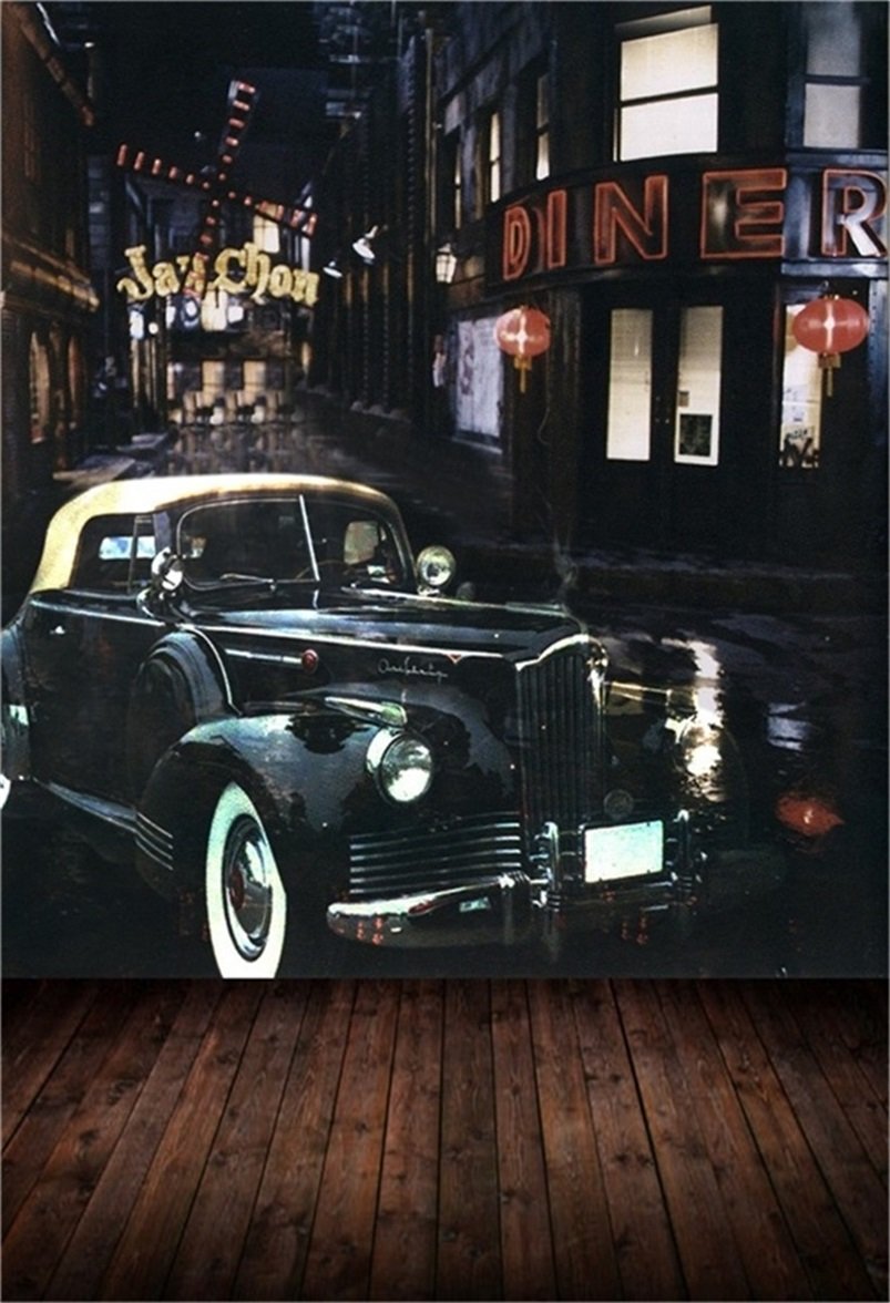 AOFOTO 6x8ft Artistic Background Photography Backdrops Vintage Car Street Buildings Wooden Floors Boys Child Adult Portrait Scene City Studio Props