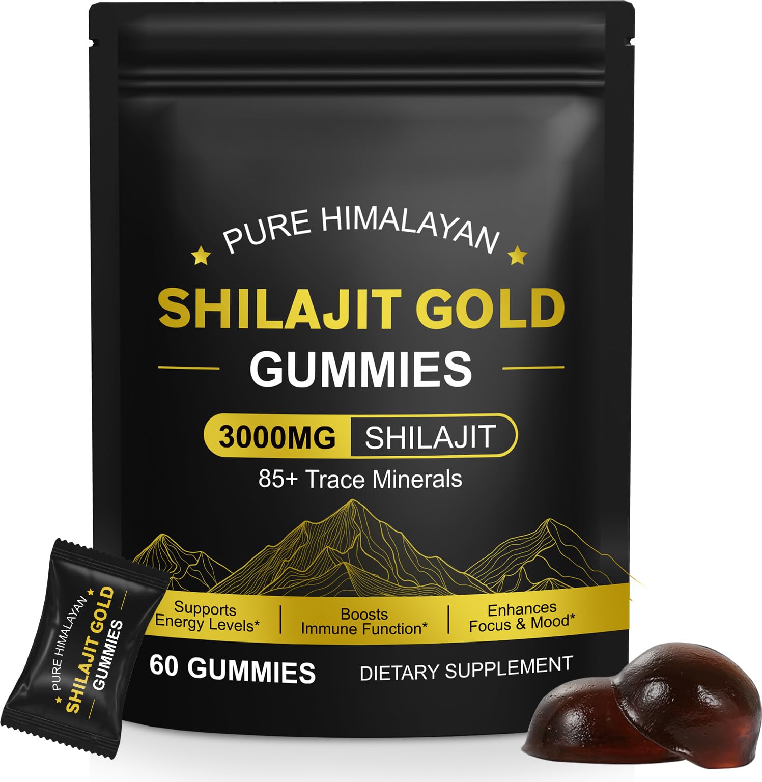 Shilajit-Gummibärchen für Männer und Frauen, natürliche Himalaya-Gold-Shilajit-Gummibärchen, Energieschub und Stärkung Vitalität – glutenfrei, 60 Gummies