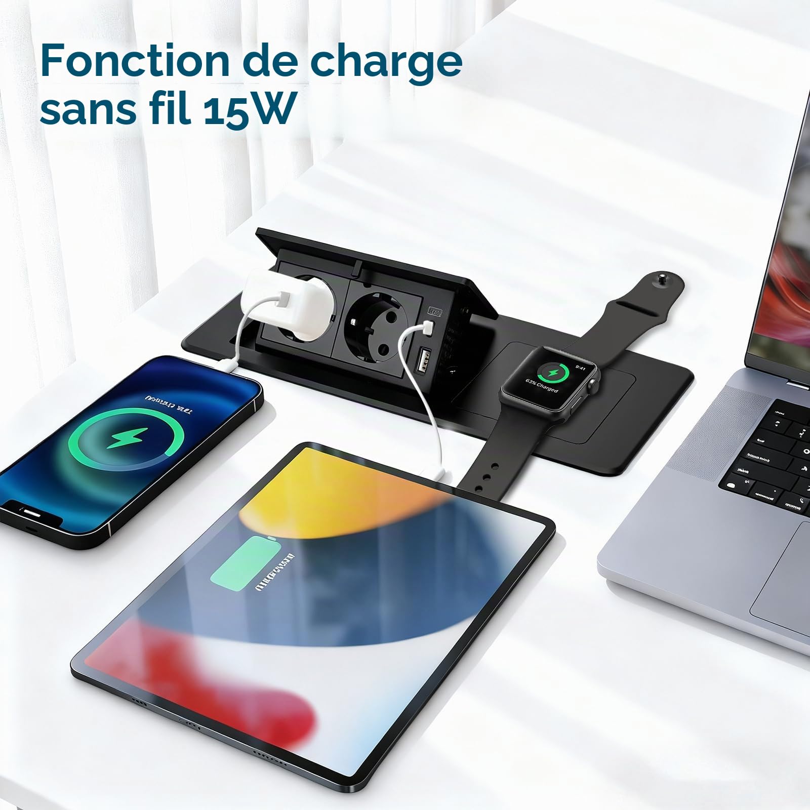 Multiprise intégrée pour le bureau - Multiprise pliable avec 20 W QC3.0 USB-A+C et charge sans fil Qi 15 W (pour téléphone/montre/écouteurs), interrupteur pop-up, câble 16 AWG de 1,8 m, noir