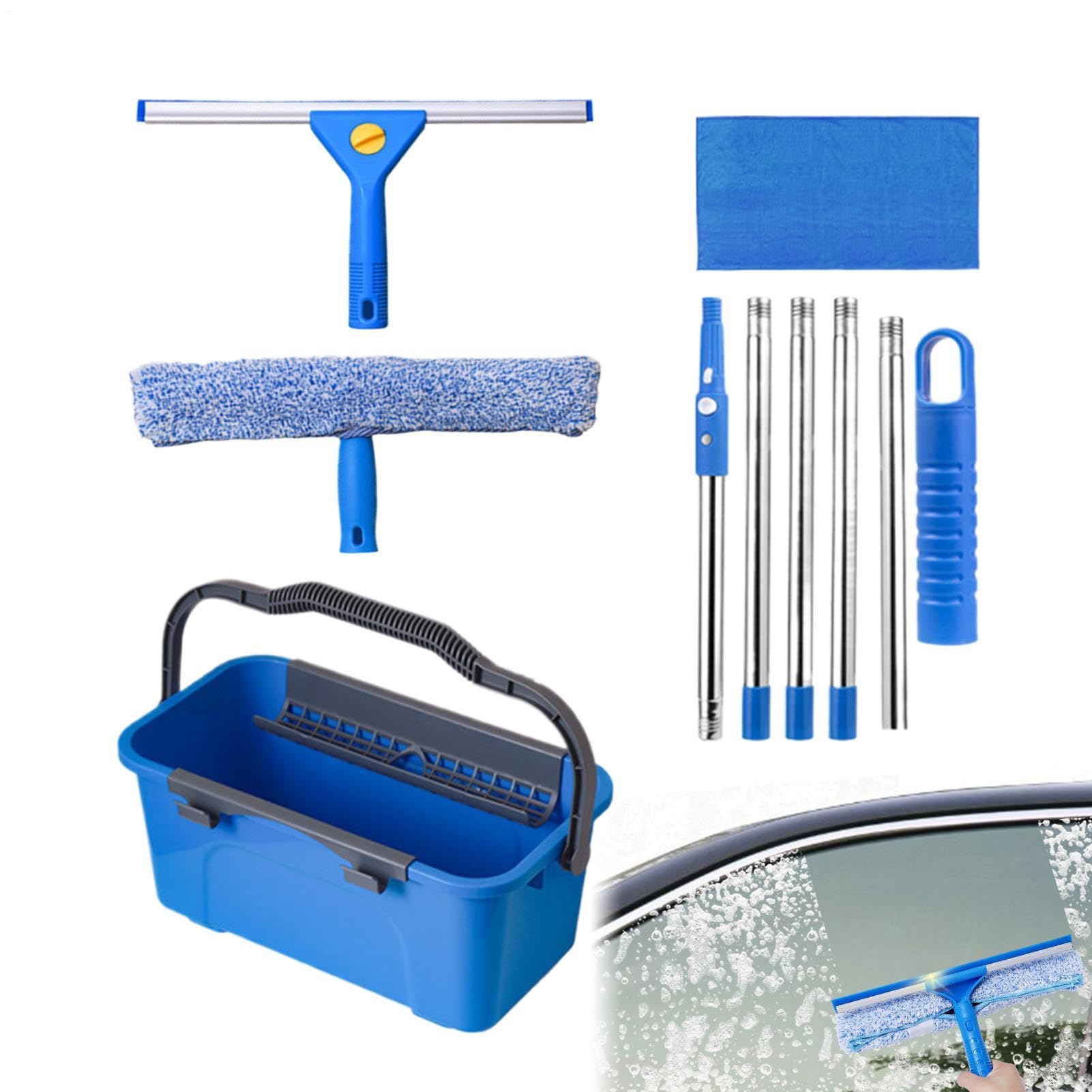 Juego de limpieza de ventanas – Longitud ajustable incluye paño de microfibra | Herramientas de limpieza de ventanas con un cubo | Para puertas de patio, coches, parabrisas, azulejos, vidrio