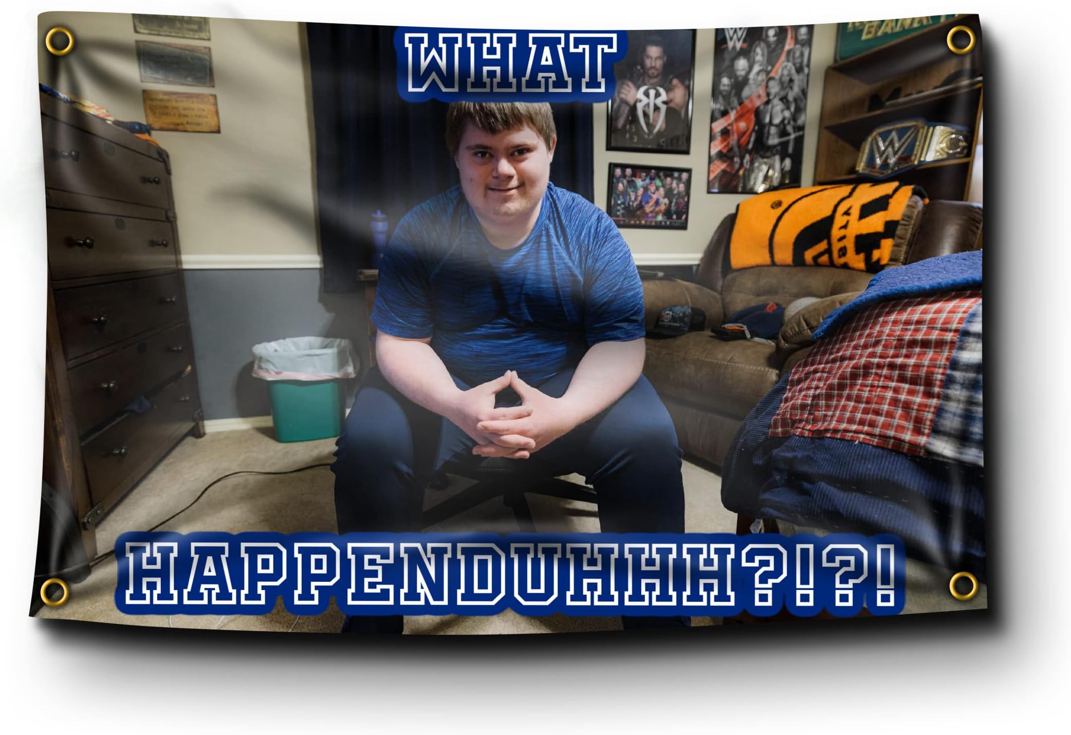 Banger - James Droz WHAT HAPPENEDUHHH?!?! Office Gym Dorm Wall Decor Design on a 3X5 Feet Flag with 4 Grommets for Easy Hanging. Authentic BANGER FLAG TikTok What Happened Sports Banner