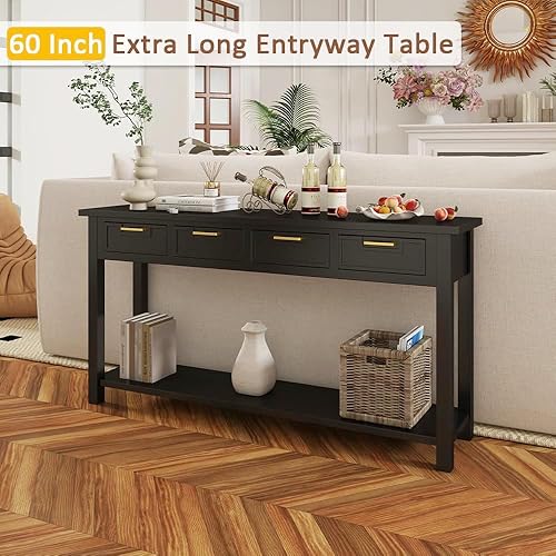 Miniatura 4 de Mesa consola para entrada con 4 cajones, mesa de entrada de 60 pulgadas de largo con estantes de almacenamiento abiertos y mango de metal hecho a