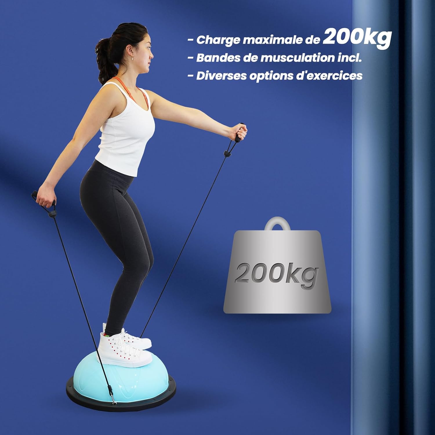 Woman performing exercises with resistance bands on the DH FitLife Balance Ball