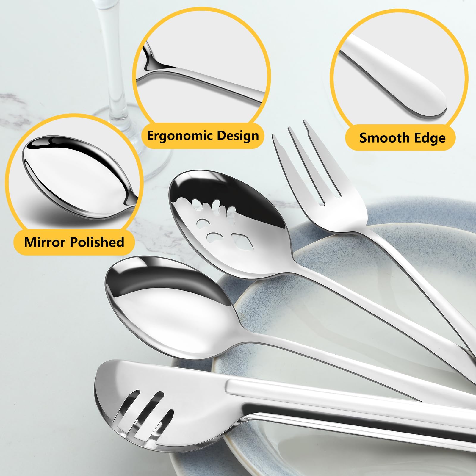 Pleafind Set di 16 utensili da portata, in acciaio inox, con cucchiai da portata, cucchiai da portata scanalati, forchette da portata e pinze da portata, utensili da portata per feste, buffet e