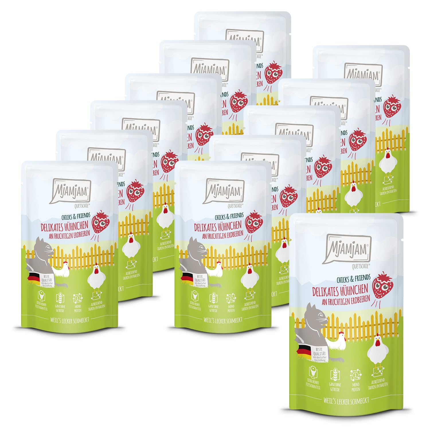 MjAMjAM - Premium wet food for cats - Quetschie - Chicks & Friends delicate chicken with fruity strawberries, 12 pack (12 x 125g), grain-free
