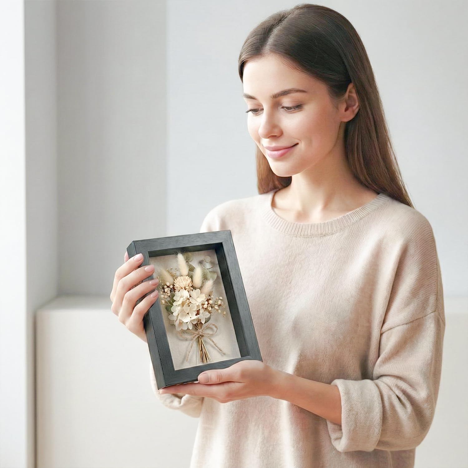 5x7 Shadow Box Picture Frame, 4-Pack Linen Back, Keepsake, Black | Wooden Display Cases, 2 Ways to Display, Crystal Clear, Wall & Tabletop, Push Pins, 1" Depth for Flowers, Crafts & Photos