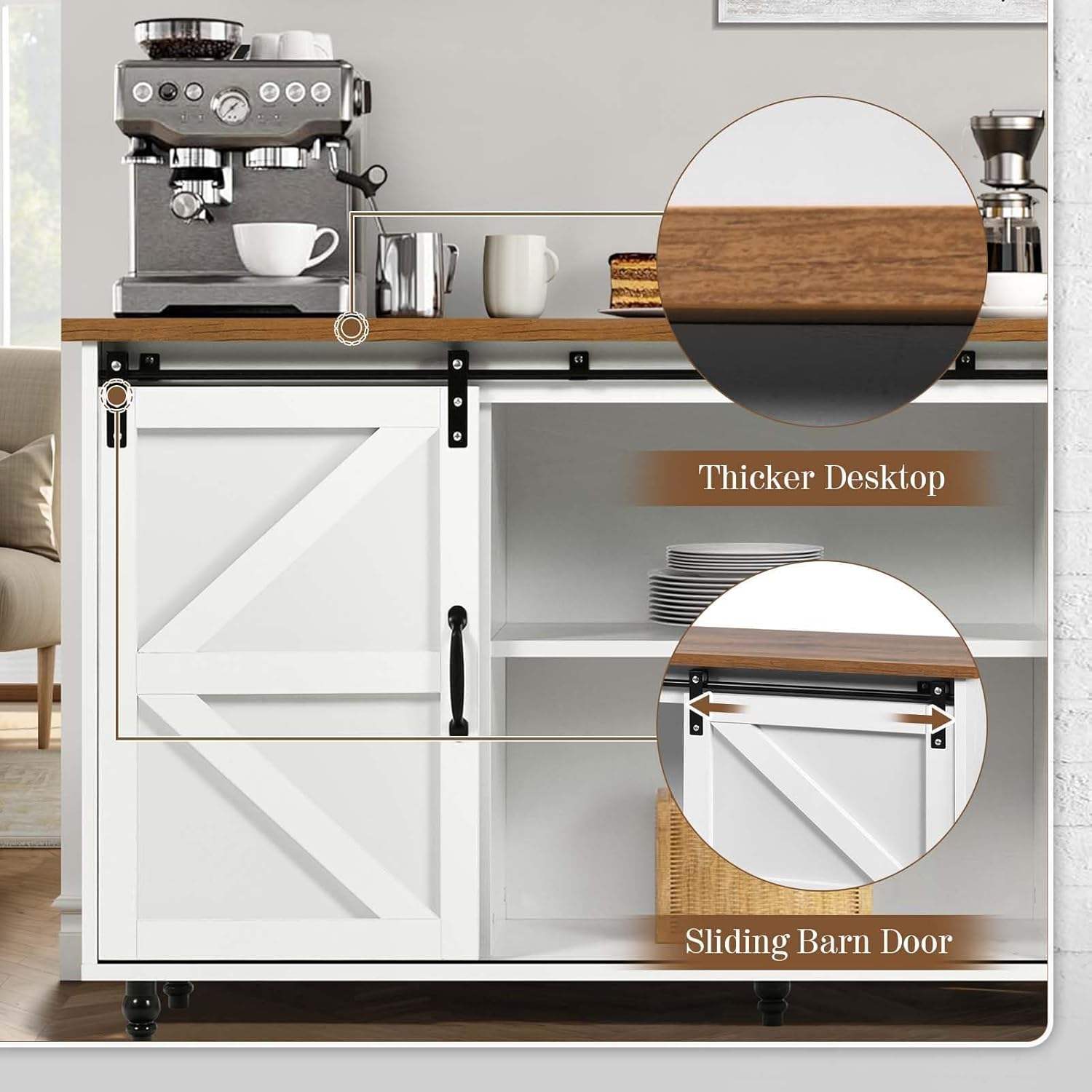 4ever2buy Farmhouse Coffee Bar Cabinet with Storage Sideboard Buffet Cabinet with Sliding Barn Doors 58 inch Buffet Table with Gourd Feet for Dining Room Living Room White