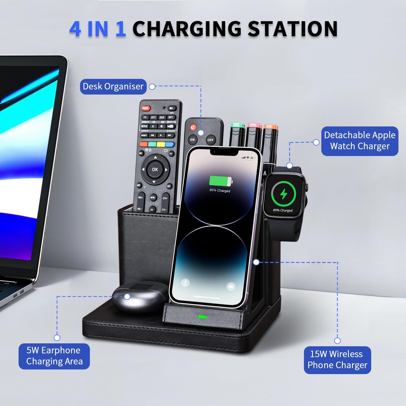 4 in 1 Wireless Charging Station with Desk Organizer, Leather Nightstand Office Organizer with Wireless Charger Stand for Multiple Devices iPhone 15 14 13 12 11 Pro Max and Samsung AirPods & iWatch