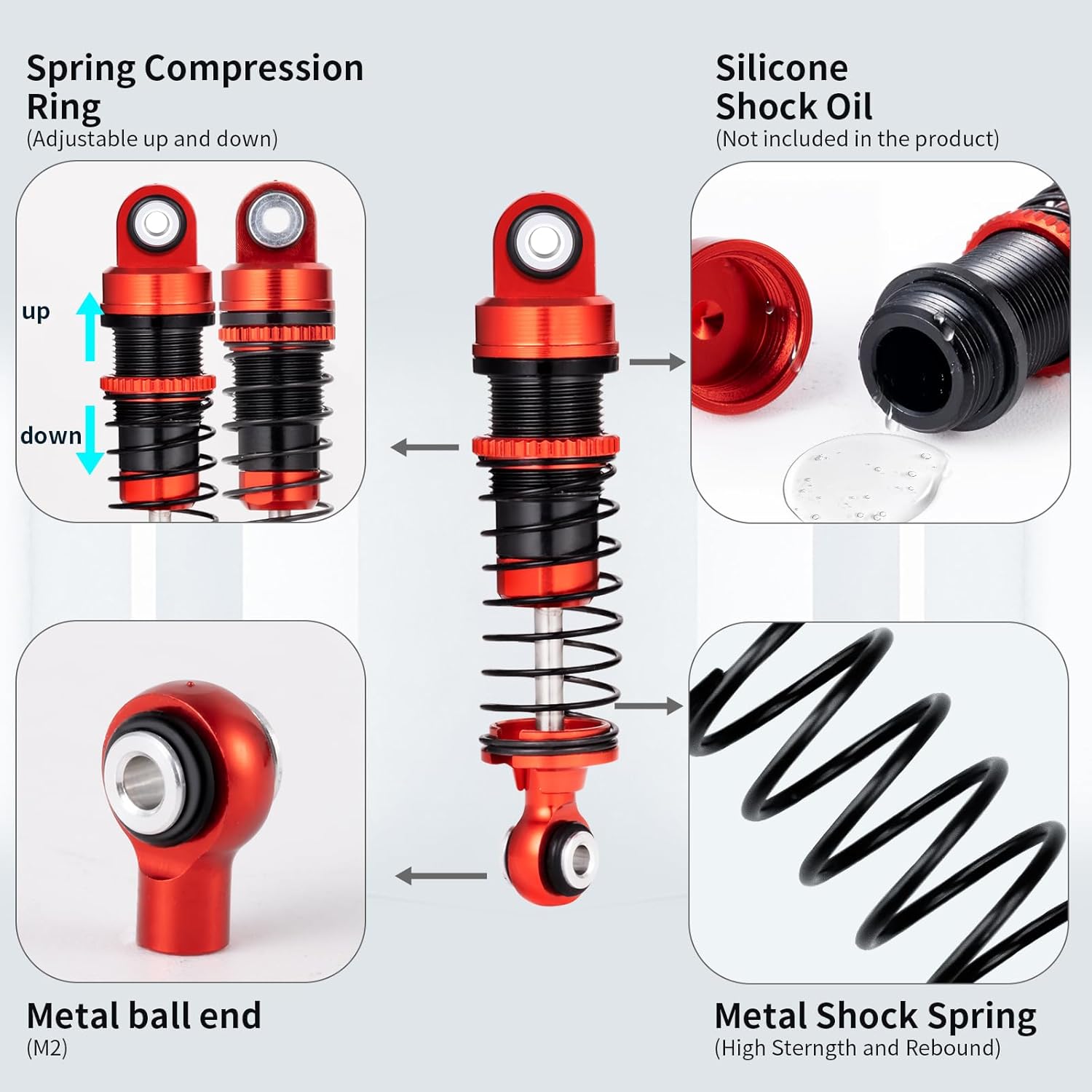 QUE-T 4pcs Aluminium Shock Absorber Threaded Shock Damper for 1/18 FMS LC80 FCX18 FCX24 RC Crawler Car (Red & Black)