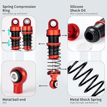 4Pcs JGGZONE 49mm All Metal Aluminum Front & Rear Threaded Shocks Damper Set Adjustable Oil-Filled Shocks Absorber with Springs for FMS FCX24 LC80 1/24 RC Crawler Car Upgrade Parts (Red)