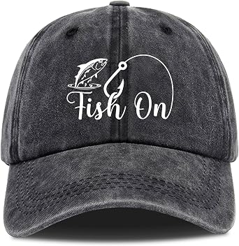 Fish On,Funny Baseball Cap,Fishing Baseball Cap,Gifts for Fishing Lover,Funny Vintage Cotton Washed Baseball Caps,One Size Black