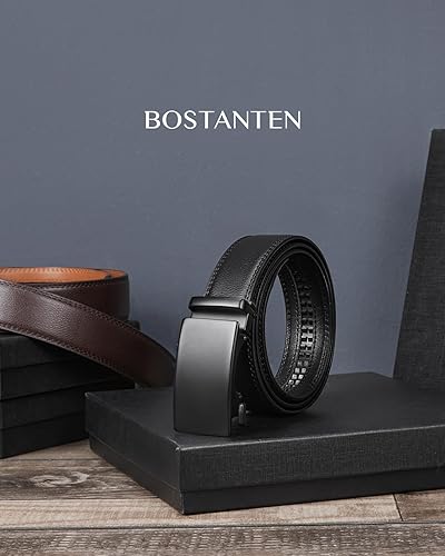 Miniatura 5 de BOSTANTEN Cinturón de cuero con trinquete para hombre, para atuendos formales e informales con hebilla ajustable, se ajusta a la medida.