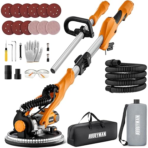 Drywall Sander, 1050W Electric Drywall Sander with Vacuum Dust Collection, 2100RPM Wall Sander with 7 Variable Speed, Foldable & Extendable Handle, Double-Deck LED Light, Dust Bag and Hose