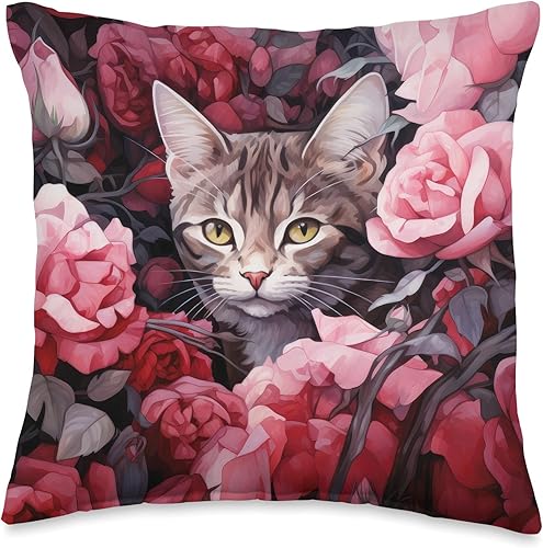 Havanna Brown Cat Hiding Between Roses and Flowers Throw Pillow, 16x16, Multicolor