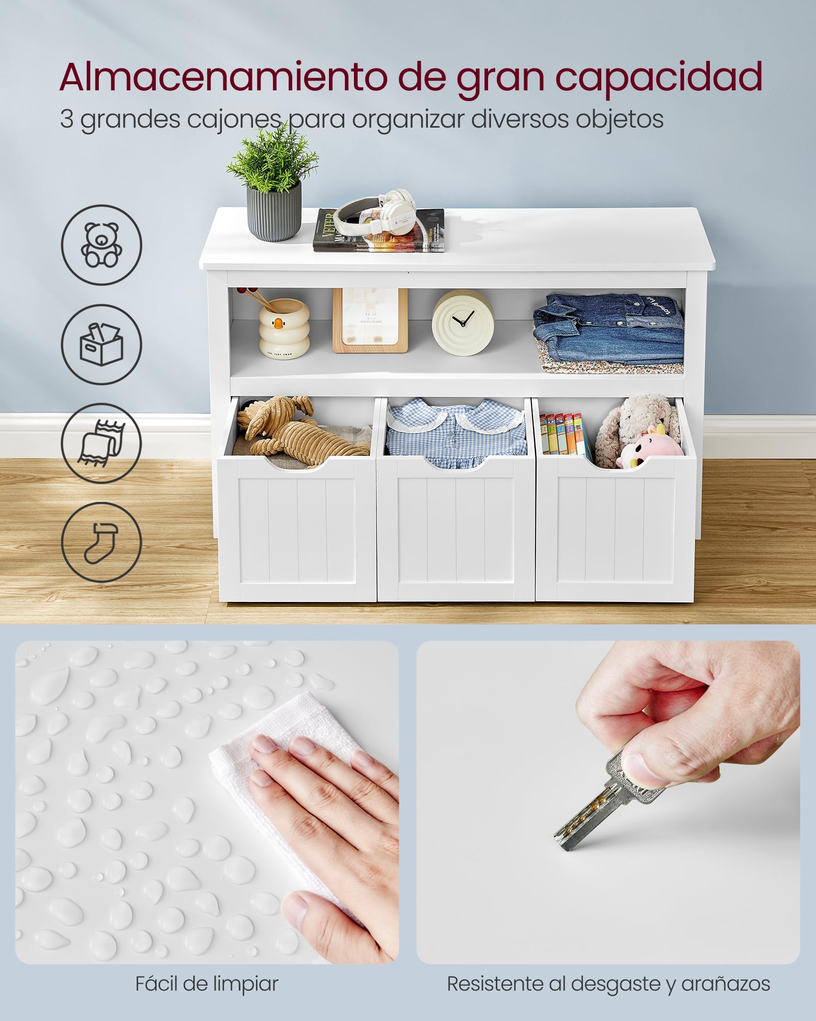 VASAGLE Estantería para Niños, Estantería Infantil, 3 Contenedores con Ruedas, Estantería de Almacenamiento, para Salón, Dormitorio, 30 x 102 x 60 cm, Blanco Nube LHS380W01