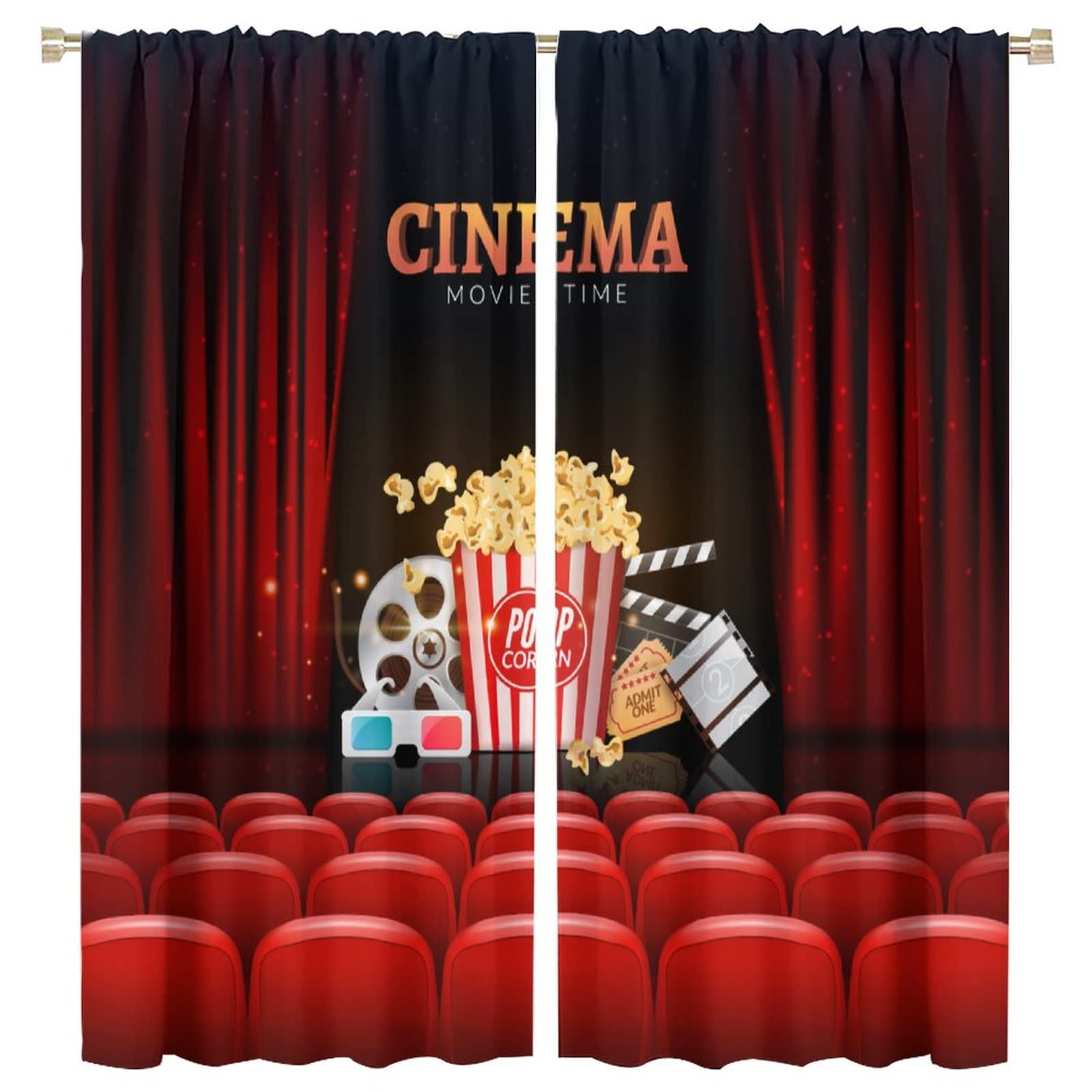 BenYaSong Popcorn Movie Clapboard Blackout Curtains Cinema Theater Background Print Privacy for Teen Thermal Insulated Darkening Room Window Curtain Drapes 2 Panels 63x72in
